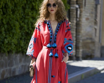 Kaftan Midi Boho Sukienka Ukraińska Wyszywana Sukienka Damska Haftowana Czerwona Meksykańska Sukienka Boho Abaya Caftan. Darmowa Dostawa
