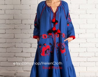 Long linen Arabic dress kaftan, fashion embroidery, hot summer long dress floral dress