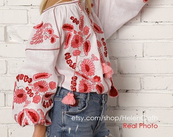 Bohemian linen vyshyvanka blouse plus size mexican embroidered top, Ukraine Ethnic embroidered loose white blouse with floral embroidery
