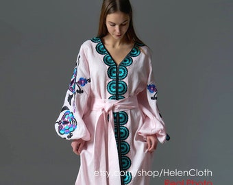 Lång linne kaftan boho stil, arabisk lång klänning, Boho klänning vyshyvanka, linne Abaya, broderad klänning