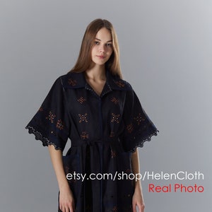 Black linen robe vyshyvanka, made in Ukraine