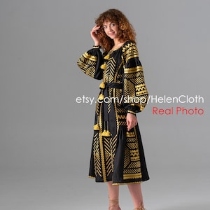 Black gold embroidered linen Kaftan Midi Boho Dress Ukrainian Vyshyvanka Dress Embroidered Women Dress Mexican Dress Bohemian Abaya Caftan