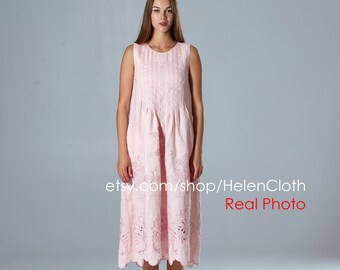 Sleeveless pale pink grape embroidery linen cut out dress, sarafan, vyshyvanka