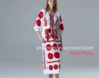 White&red Embroidered Bohemian Kaftan, Linen Abaya, Ukrainian Vyshyvanka
