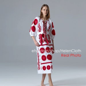 White&red Embroidered Bohemian Kaftan, Linen Abaya, Ukrainian Vyshyvanka