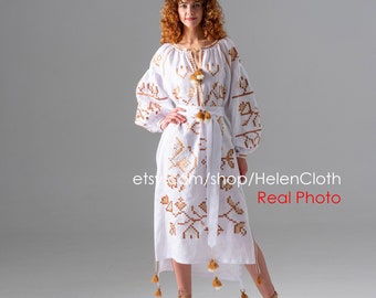 Kaftan white linen embroidered women dress, Bohemian wedding, march dress, Mexican ethnic Abaya Caftan