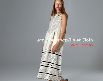 Sleeveless Ivory Ethnic Linen Sarafan Ebroidered Dress, Ukrainian Vyshyvanka