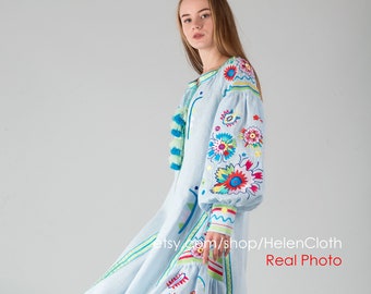 Floral Embroidered Women's Dress, Boho Kaftan, Ankle Length Dress, Colorful Emroidery DRess