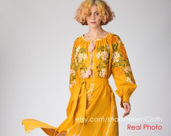 Kaftan linen embroidered women dress, vyshyvanka ukrainian dress