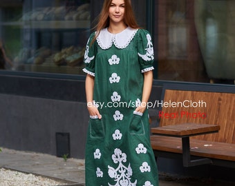 National Outfit, Embroidered Linen Robe, Mexican Style Dress, American Dress, Modern Embroidered Look