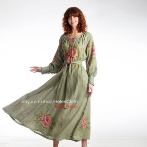 Roses Floral Embroidered Dress in Bohemian Style Linen Boho dress vyshyvanka Mexican dress Kaftan Abaya Wedding
