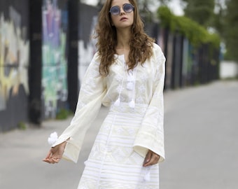 Linen Embroidered Boho Blouse and Skirt Vyshyvanka. Ukrainian Vyshyvanka, Folk Traditional Clothes, fringe Ukrainian Skirt