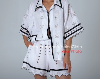Ukrainian embroidered shurt and shorts set vyshyvanka, scalopped hem shorts