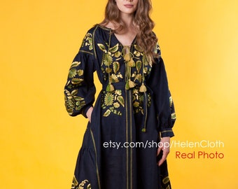 Kaftan Black Linen, Mexican Size Plus Dress, Embroidered Vyshyvanka Dress, Ukrainian Grape Robe Vyshyvanka, Embroidered Garments, National