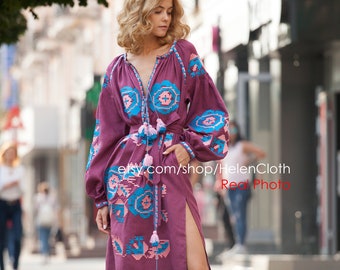 New style Open leg linen embroidered dress Slit Floral dress Tunic Mexico Embroider Dress Kaftan Abaya Bohemian ethno beach wear peasant