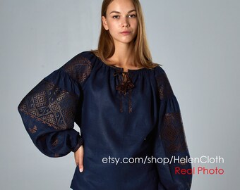 Black linen women vyshyvanka ukrainian ethnic top