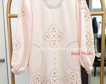 Pink embroidered dress vyshyvanka, short boho linen dress, ukrainian dress