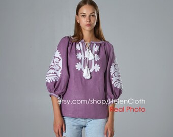 Vyshyvanka ukrainian embroidered linen ethnic blouse Boho slavic embroidery