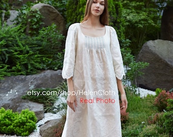 Linen Embroidered Dress, Ukrainian Vyshyvanka, Rushka Kaftan boho dress, Beach Outfit, National Look