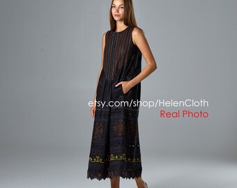 Sleeveless Black Linen Ebroidered Dress, Ukrainian Vyshyvanka