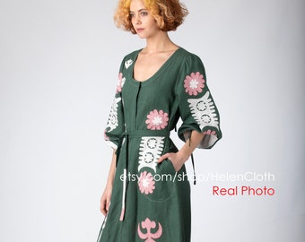 Green linen hand-cut appliqué embroidery mid calf dress, Open back dress, kaftan, boho linen embroidered dress, vyshyvanka, ukrainian dress