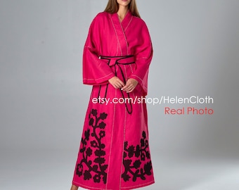 Pink linen kimono oversize embroidered wrap dress, loose linen vyshyvanka