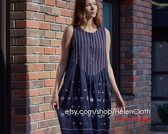 Embroidered sleeveless tunic dress, scalloped hem, vyshyvanka Ukraine