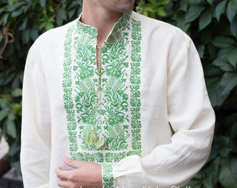 Vyshyvanka para hombre ucraniano, camisa bordada de lino étnico para hombres, ropa orgánica para hombre, camisa de gran tamaño de lino natural, top boho vegano