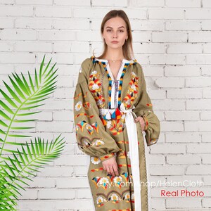 New Women floral boho dress embroidery Bohemian linen dress Magnolia Mexican dress Olive long Flowers embroidery Vyshyvanka maxi