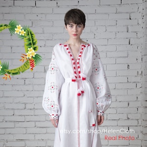 Women Cross Stitch Boho Dress, Embroidered Bohemian Linen Dress, White Linen Mexican Dress, Size Plus Long Embroidery Vyshyvanka, Maxi Dress