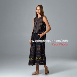 Sleeveless Black Linen Ebroidered Dress, Ukrainian Vyshyvanka