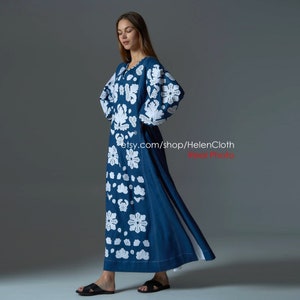 Oversized loose linen dress Women floral boho dress embroidery Bohemian linen dress Flower Mexican dress arabic long floor dress