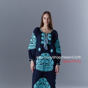Embroidered Bohemian Kaftan, Linen Abaya, Ukrainian Vyshyvanka Dress, National Costume, Embroidered Robe