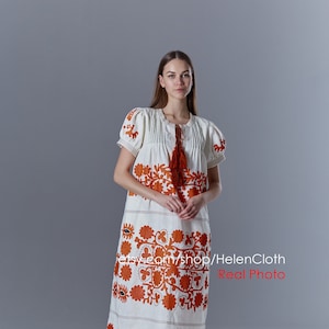 Ukrainian embroidered dress vyshyvanka, linen ankle dress, scalopped hem dress