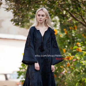 Everyday Dress, Navy Blue Dress, Autumn Dress, Dark Blue Dress, Linen Wrap Dress, Caftan Dress, Plus Size Clothes, Kaftan Maxi Dress.