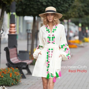 Roses Floral Embroidered Dress in Bohemian Style Linen mid calf tunic Boho dress vyshyvanka Mexican dress Kaftan Abaya Wedding