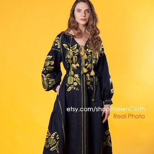 Kaftan Black Linen, Mexican Size Plus Dress, Embroidered Vyshyvanka Dress, Ukrainian Grape Robe Vyshyvanka, Embroidered Garments, National