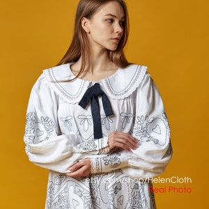 Ukrainian symbol vyshyvanka embroidered dress, peter pan colar Bohemian Kaftan, Linen Abaya, Embroidered Robe