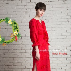Women&#39;s Red Linen Embroidered Dress, Vyshyvanka Ukrainian, Vyshyvanka, Dress Mexican, Dress Abaya, Party Dress, Caftan Boho Style