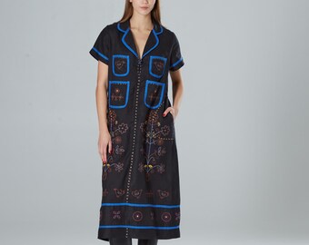 Embroidered Bohemian Dress, Boho Robe Amanda dress, Linen Abaya, Ukrainian Vyshyvanka