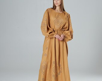 Camel broidery anglaise Embroidered Bohemian Kaftan, Linen Abaya, Ukrainian Vyshyvanka