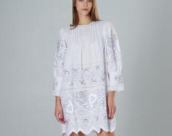 White short Ethnic Linen Fashion Ebroidered Dress, Ukrainian Vyshyvanka