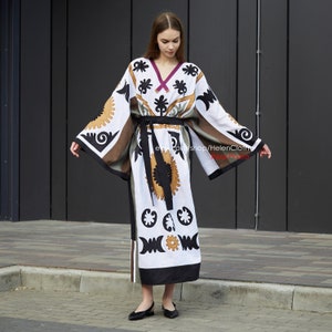 Oversized Linen kimono embroidered kilim dress. Ukrainian vyshyvanka