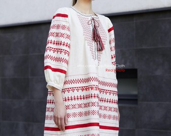 Embroidered Vyshyvanka Dress – Linen Ukrainian Maxi Dress with Red & White Folk Pattern | Boho Ethnic Dress | Made to Order