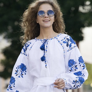 White Linen Tunic, Embroidered Vyshyvanka, Short Dress, Mexican Dress Abaya, Linen Caftan, Boho Style, Free Shipping
