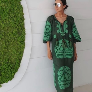 Embroidered Bohemian Kaftan, Linen Abaya, Ukrainian Vyshyvanka Dress, National Costume, Embroidered Robe