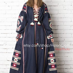 Vyshyvanka ukrainian embroidered maxi mexican bohemian linen dress, Blue Navy Embroidery Kaftan Abaya Ukrainian Style Bohemian rty image 7