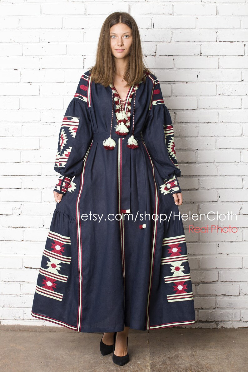 Vyshyvanka ukrainian embroidered maxi mexican bohemian linen dress, Blue Navy Embroidery Kaftan Abaya Ukrainian Style Bohemian rty image 7