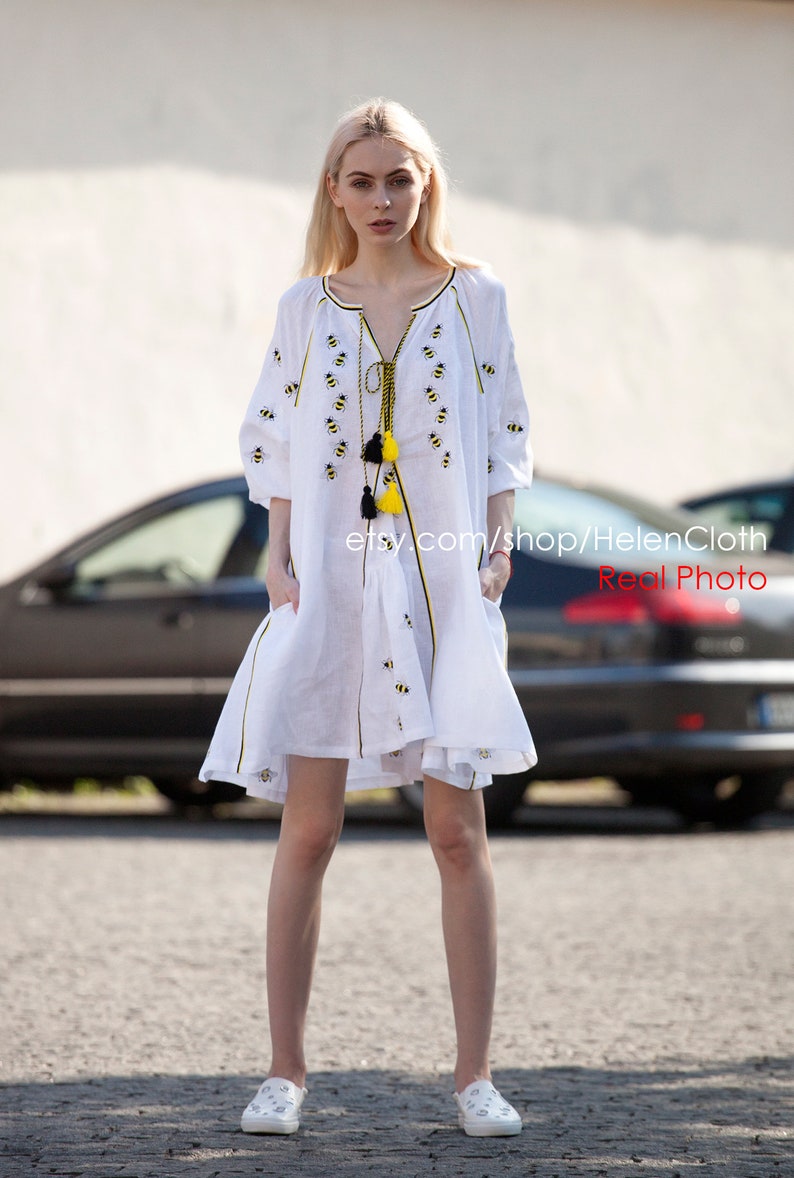 White Linen Embroidered Dress Vyshyvanka With Embroidered Bees Etsy