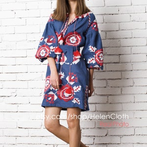 Ukrainian Vyshyvanka Dress Blue Embroidered dress Linen Dress With Geometric Flowers Pattern. Free Shipping image 9